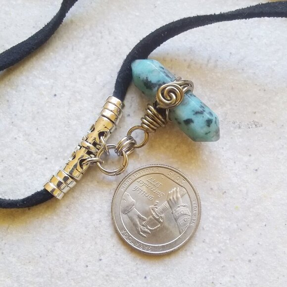 Unique Rustic Rugged Tomboy Necklace ~ Blue Kiwi Jasper + Black Cordage - Picture 5 of 8